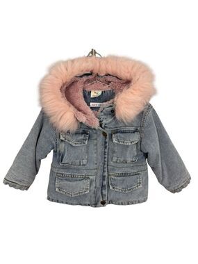 Alex & Nova Holly Denim Jacket Girls 2T Blue Jean Pink Faux Fur Hood Fuzzy EUC!